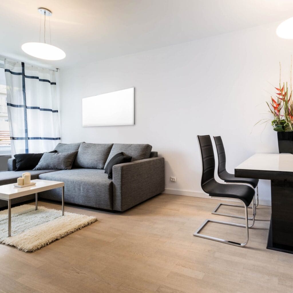 woonkamer met wit infrarood paneel wattage radiator berekenen bijverwarming wit metaal infrarood verwarming woonkamer 1000 watt